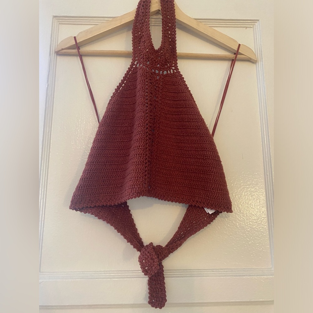American Eagle Burgundy Crochet Halter Neck Crop Top - XS